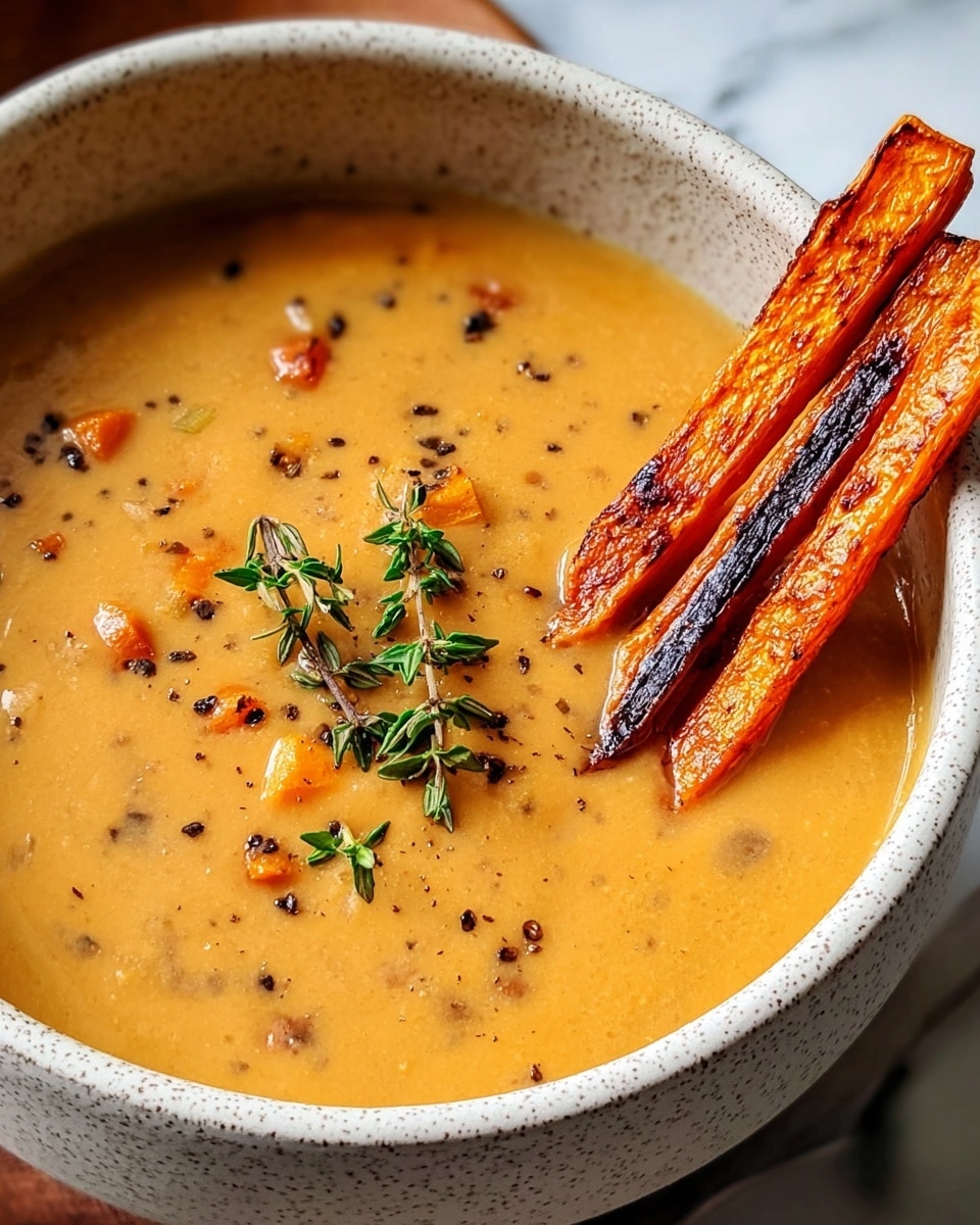 A white speckled bowl filled with creamy, light orange soup with visible small chunks of vegetables and black pepper specks, topped with three charred, bright orange roasted carrot sticks placed upright on the right side, and a small green thyme sprig resting on the surface near the carrots, all set on a white marbled textured surface photo taken with an iphone --ar 4:5 --v 7