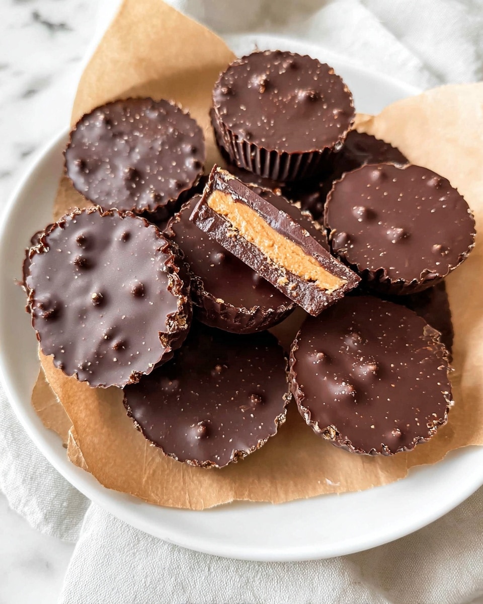 A white plate holds eight round chocolate peanut butter cups arranged casually on light brown parchment paper. Each cup has a textured surface with small bumps and a slightly shiny, dark brown chocolate coating. One of the cups is cut in half and placed on top of the others, revealing three layers: a dark chocolate outer layer with a rough texture, a lighter brown peanut butter middle layer that is smooth and creamy, and a thin layer of crunchy bits mixed within the chocolate shell. The plate rests on a white marbled surface. Photo taken with an iphone --ar 4:5 --v 7