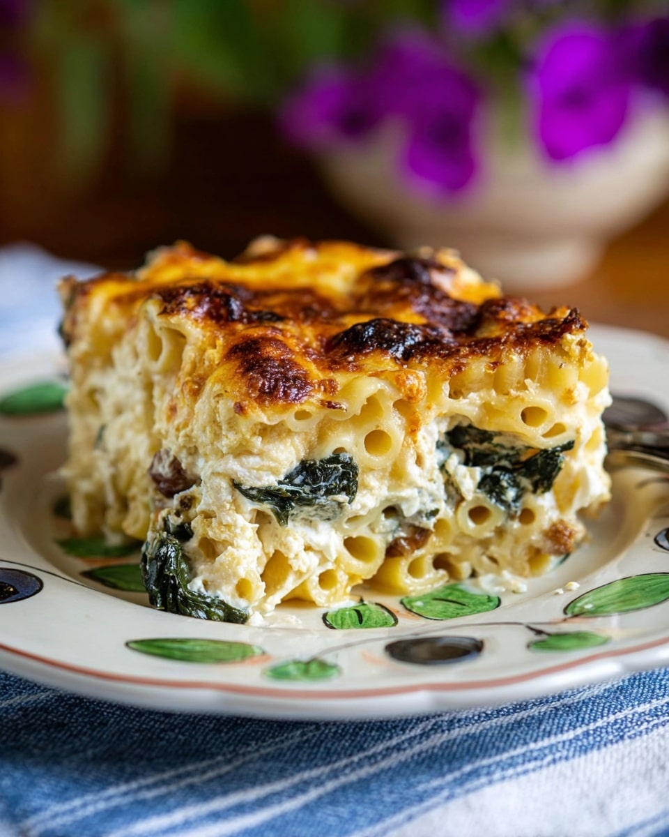 A thick slice of baked pasta sits on a white plate with green and black olive designs, placed on a blue and white striped cloth with purple flowers blurred in the background. The pasta dish has three visible layers: a top layer of golden brown melted cheese with browned spots, a middle layer of creamy white sauce mixed with cooked dark green spinach, and a bottom layer of pasta tubes tightly packed together, light yellow in color and slightly glossy. Photo taken with an iphone --ar 4:5 --v 7
