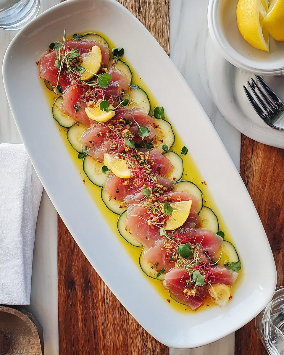 A long white plate holds thin slices of raw pink tuna arranged over a first layer of round, pale green cucumber slices partially visible underneath. The tuna is topped with a yellowish olive oil dressing that pools gently at the base. On top are small slices of bright yellow lemon, green herb sprigs, and a sprinkle of fine red and pink seasoning bits, giving texture and color contrast. The dish is placed on a white marbled surface with a wooden table and a folded white napkin visible on the side, along with a fork and a small white bowl containing a lemon slice. photo taken with an iphone --ar 4:5 --v 7