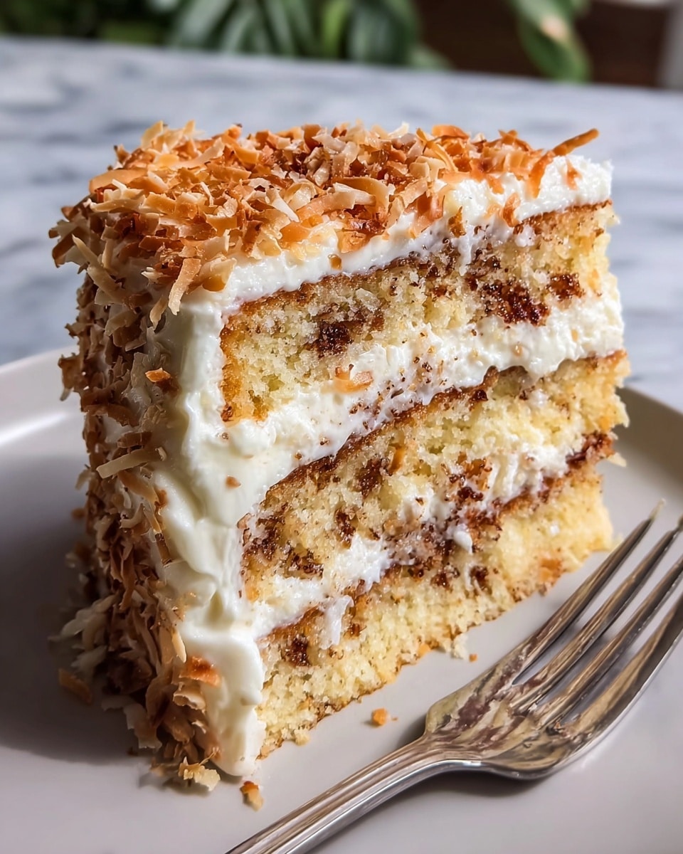 A close-up of a three-layer cake slice sits on a white plate with a silver fork beside it. The cake layers are light golden with a soft texture, each separated by thick white creamy frosting mixed with specks of toasted brown coconut flakes. The top layer is fully covered in a generous thick white cream, sprinkled heavily with golden brown toasted coconut flakes that add a crunchy texture. The cake looks moist and rich, with the toasted coconut flakes giving a toasted, crispy contrast to the smooth cream. The plate is on a white marbled surface. Photo taken with an iphone --ar 4:5 --v 7
