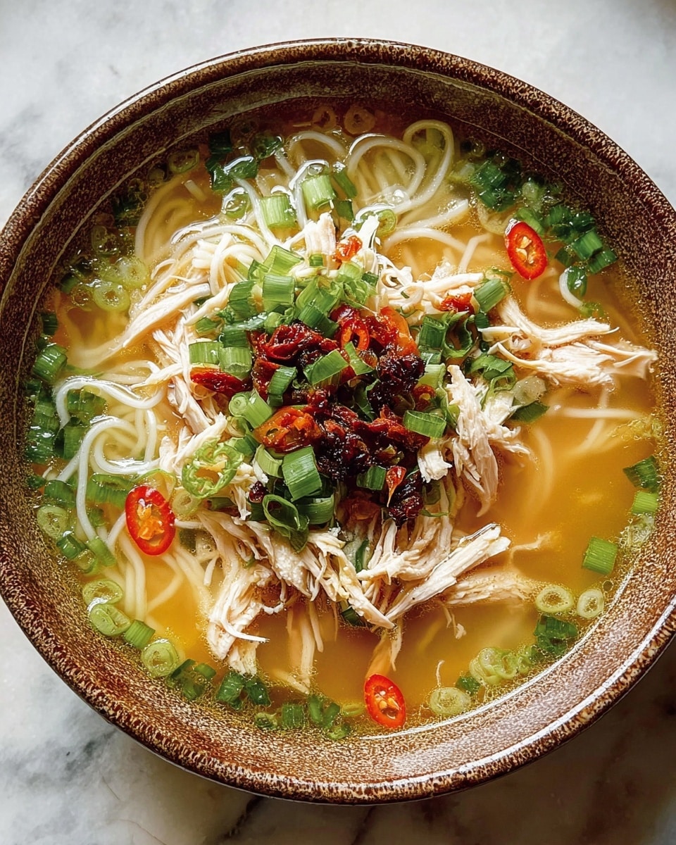 A deep bowl filled with light golden broth as the base layer, topped with a large nest of thin, white noodles sitting slightly submerged in the soup. Scattered across the noodles are shredded pieces of light pinkish-white chicken meat. On top, there are bright green slices of scallions and some darker red pieces of dried chili scattered around. Thin orange slices of chili peppers add a pop of color near the center. The bowl is a speckled brown ceramic with a textured rim, placed on a white marbled surface. Photo taken with an iphone --ar 4:5 --v 7