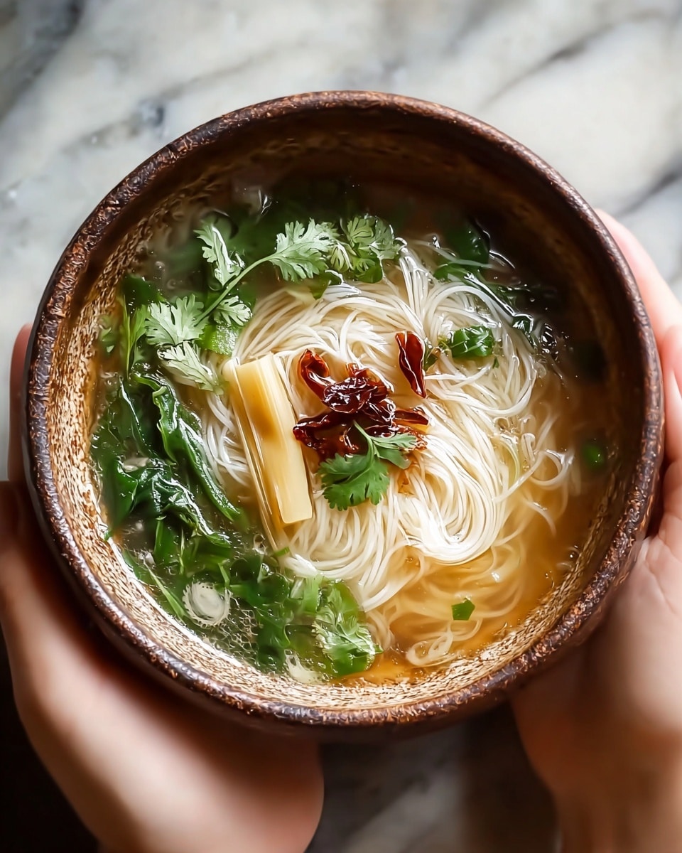 A bowl filled with clear golden broth, layered with thin white noodles swirling through the soup. Bright green leafy herbs float on top, along with a small white round piece, possibly a sliced vegetable, at the center. Small pieces of red chili and a few light brown fried garlic bits are scattered on the surface. The bowl is brown with a rustic texture and is held gently by a woman's hand, set against a soft white marbled texture. Photo taken with an iphone --ar 4:5 --v 7