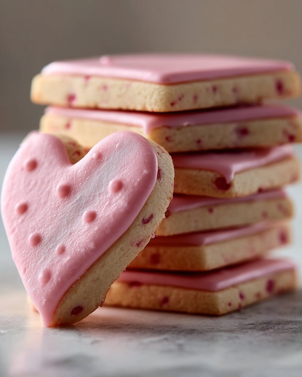 Four square cookies with one heart-shaped cookie leaning against the stack are shown on a white marbled texture surface. Each cookie has two layers: a light tan base layer with small red specks and a smooth, slightly shiny pink icing layer with scattered tiny darker red dots on top. The pink icing drapes slightly over the edges of the cookies. The heart-shaped cookie is in front, tilted to the left, while the square cookies are stacked neatly in the background. The lighting is soft and warm, highlighting the textures and colors. Photo taken with an iphone --ar 4:5 --v 7