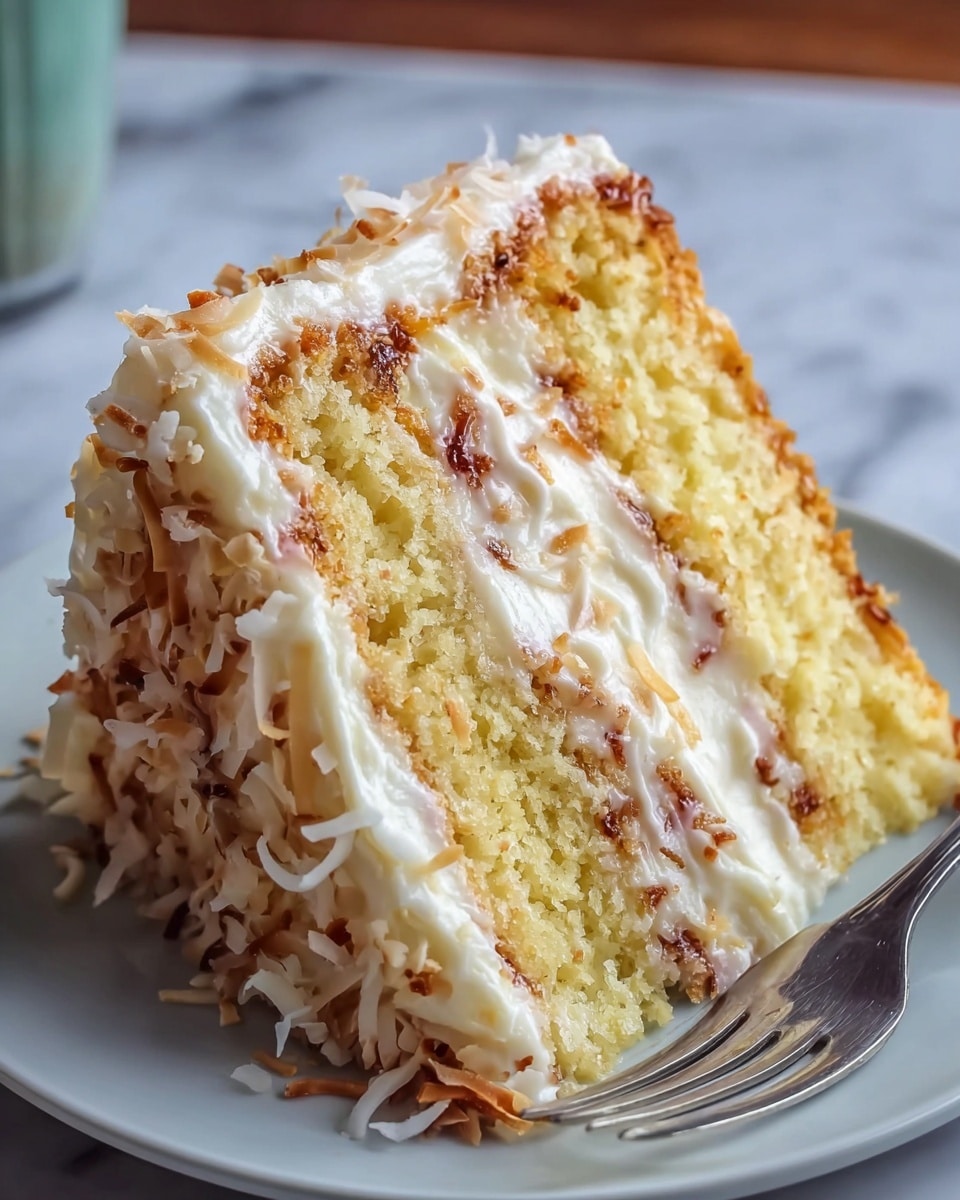 A slice of yellow cake with two thick layers is shown on a white plate with a silver fork beside it. Between the layers, there is creamy white frosting with some light brown swirls. The outside of the cake is covered in creamy white frosting and sprinkled with toasted, golden-brown coconut flakes. The cake looks moist with a soft crumb texture and hints of toasted spots on the surface. The background is a white marbled texture. Photo taken with an iphone --ar 4:5 --v 7