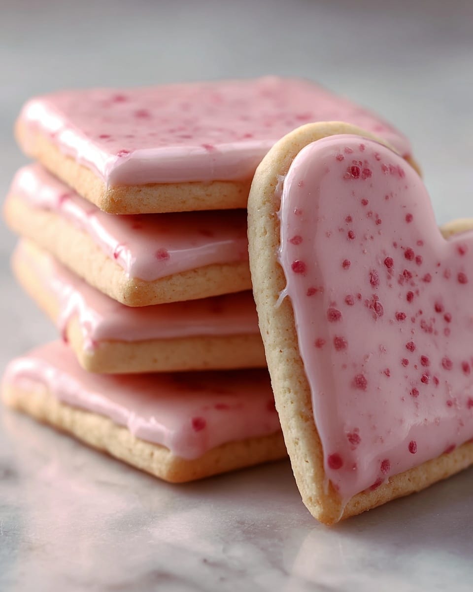 The image shows a stack of four square cookies with thick, pale pink icing that has small red specks in it. One heart-shaped cookie with the same pale pink, speckled icing is leaning against the stack. Each cookie has a light beige base with a soft, smooth texture visible on the sides. The icing covers the top of each cookie, with a glossy finish and slight drips on the edges. The cookies rest on a white marbled surface, giving a clean, simple look. Photo taken with an iphone --ar 4:5 --v 7