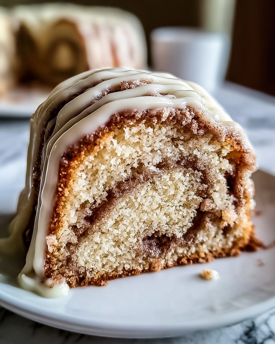 A close-up of a slice of cinnamon roll cake on a white plate, showing three visible layers: the outer golden-brown baked cake with a slightly crumbly texture, a middle swirl layer of light brown cinnamon sugar filling rolled inside, and a top layer of creamy white icing drizzled in smooth, wavy lines running from one side to the other. The background is softly blurred, and the surface beneath the plate is a white marbled texture. photo taken with an iphone --ar 4:5 --v 7