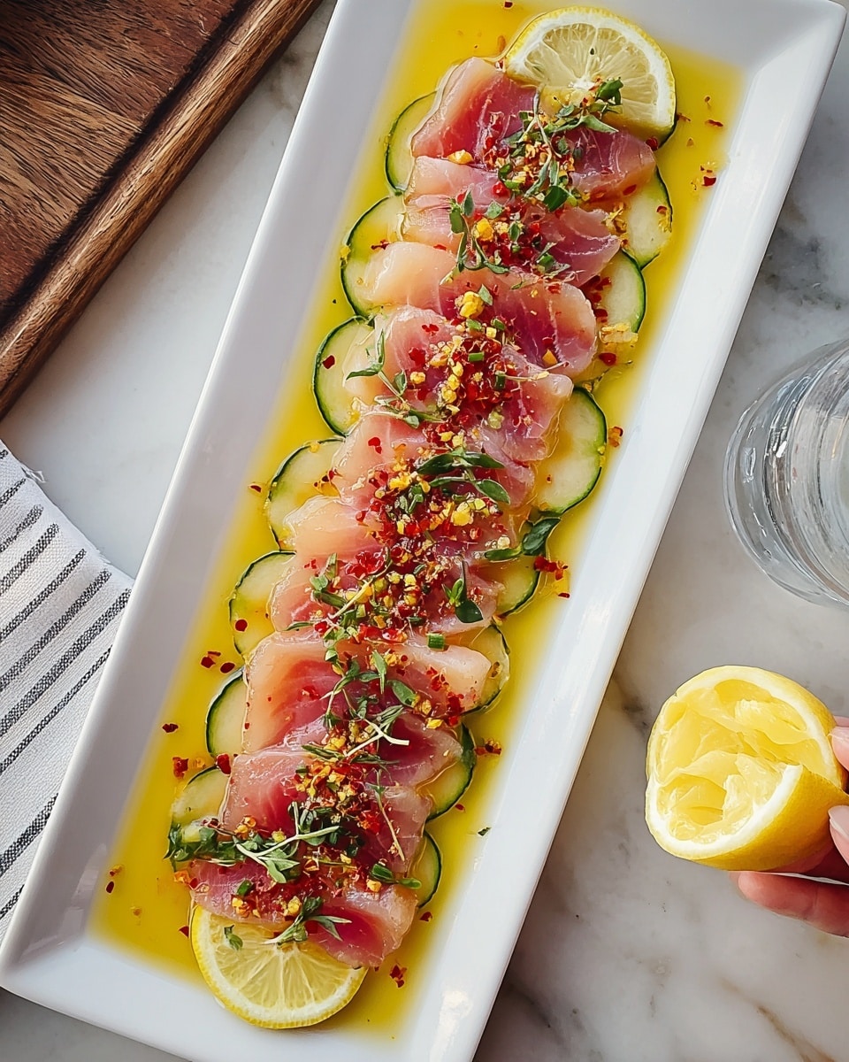 A long white rectangular plate holds thinly sliced pink raw fish arranged in a neat row. Underneath the fish are thin, pale green cucumber slices that create a base layer. The fish is topped with a golden-yellow oily sauce that spreads across the plate, with small red seasoning flakes and green herb sprigs scattered on top. Three small lemon slices are placed on and around the fish for decoration. The dish is set on a white marbled surface, with a woman's hand holding a lemon wedge nearby. Photo taken with an iphone --ar 4:5 --v 7