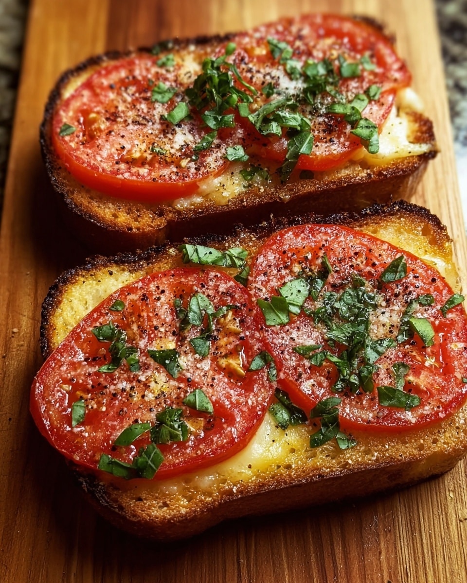 Two slices of toasted bread with a golden-brown crust sit on a wooden surface. Each slice has a base layer of melted cheese that has slightly browned edges, topped with thick, bright red slices of tomato. Over the tomatoes, there is a sprinkle of coarse salt, black pepper, and chopped fresh green herbs scattered unevenly. The texture of the bread looks crunchy, while the tomatoes appear juicy and fresh. Photo taken with an iphone --ar 4:5 --v 7
