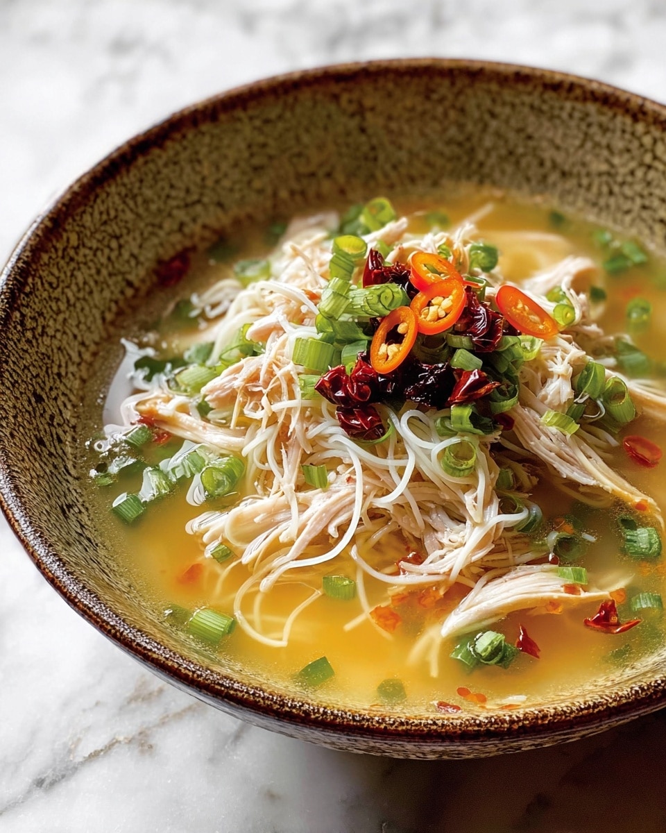 A bowl filled with light brown broth as the base layer, topped with a large amount of thin white noodles that fill most of the bowl. On top of the noodles are several pieces of shredded pale chicken, scattered evenly. Bright green sliced scallions and dark green herbs are sprinkled all around, with some thin slices of bright red chili pepper adding color contrast near the center. Small bits of dried red chili flakes are also spread across the surface. The bowl is rustic with a speckled brown rim, and it sits on a white marbled texture surface. Photo taken with an iphone --ar 4:5 --v 7